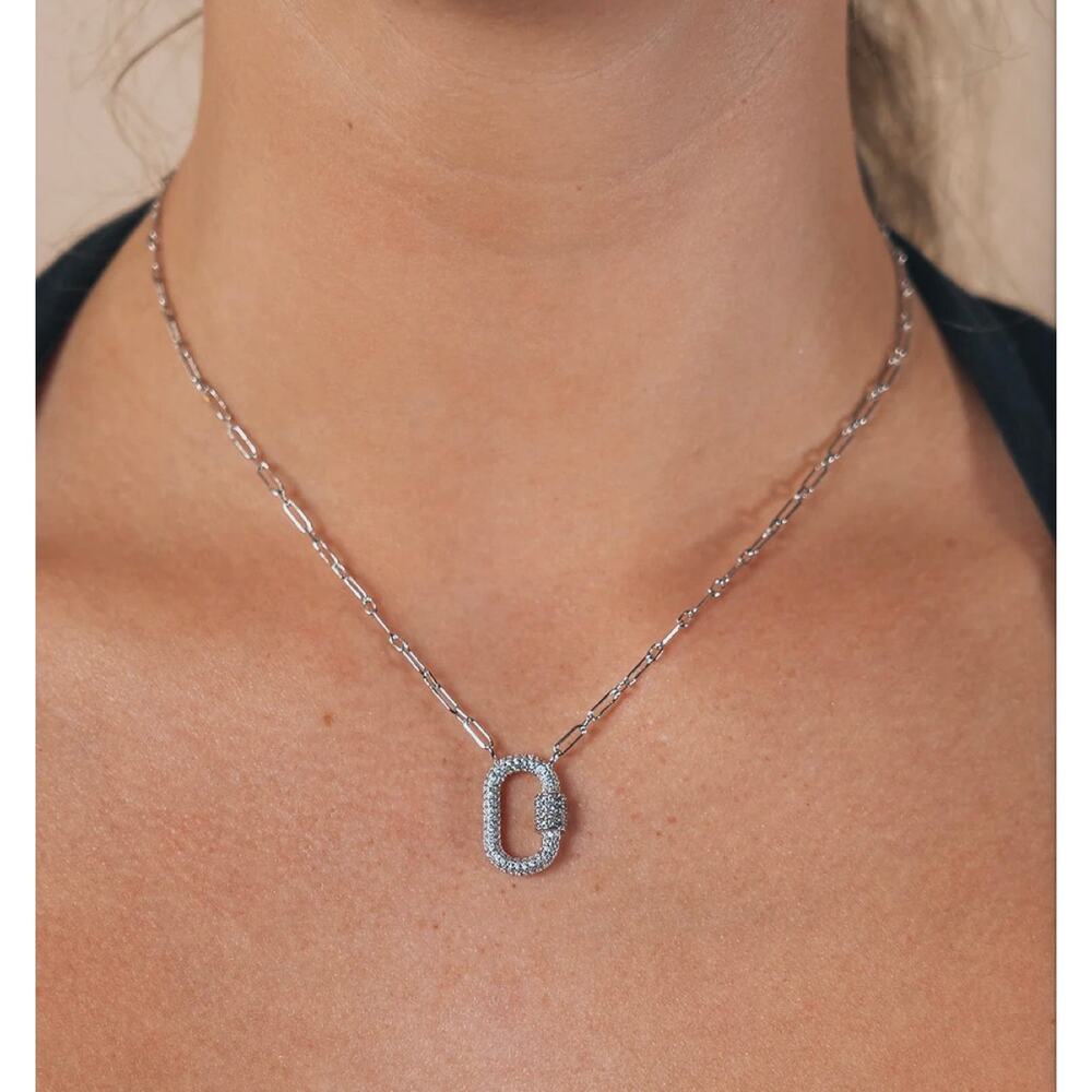 Sterling Forever Pave CZ Carabiner Lock Necklace - NWT - 16" w/ 2" extender